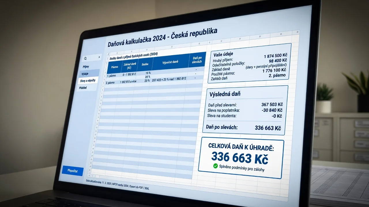 Obrazovka daňové kalkulačky s údaji
