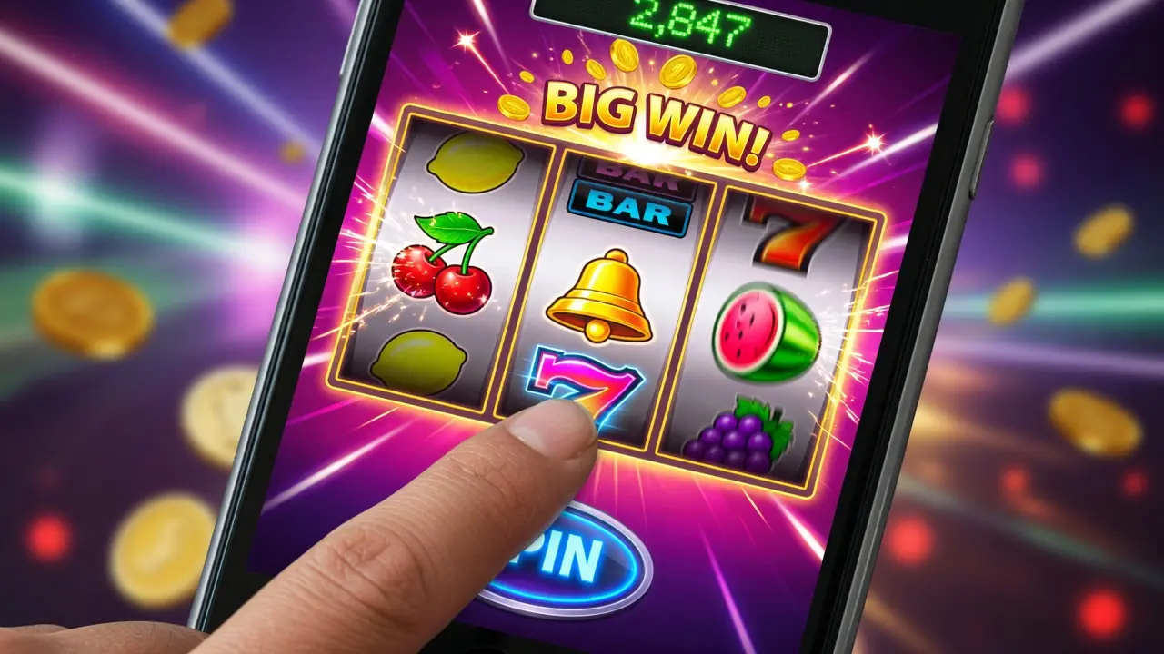 Mobilní slot hra s aktivním free spinem na dotykové obrazovce